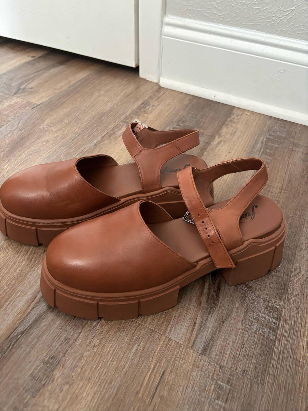 Free People Tan Brown Platform Mary Jane Sandals with Ankle Strap
